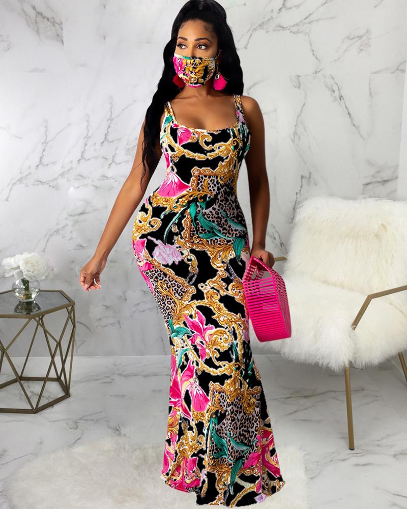 

Mixed Print Thick Strap Maxi Dress, Black