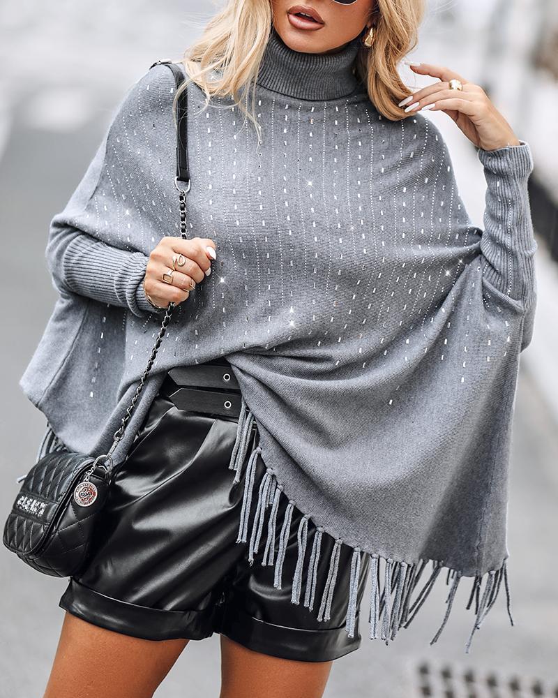 

Suéter de malha com gola alta e manga morcego, decoração com strass e borla, Gray
