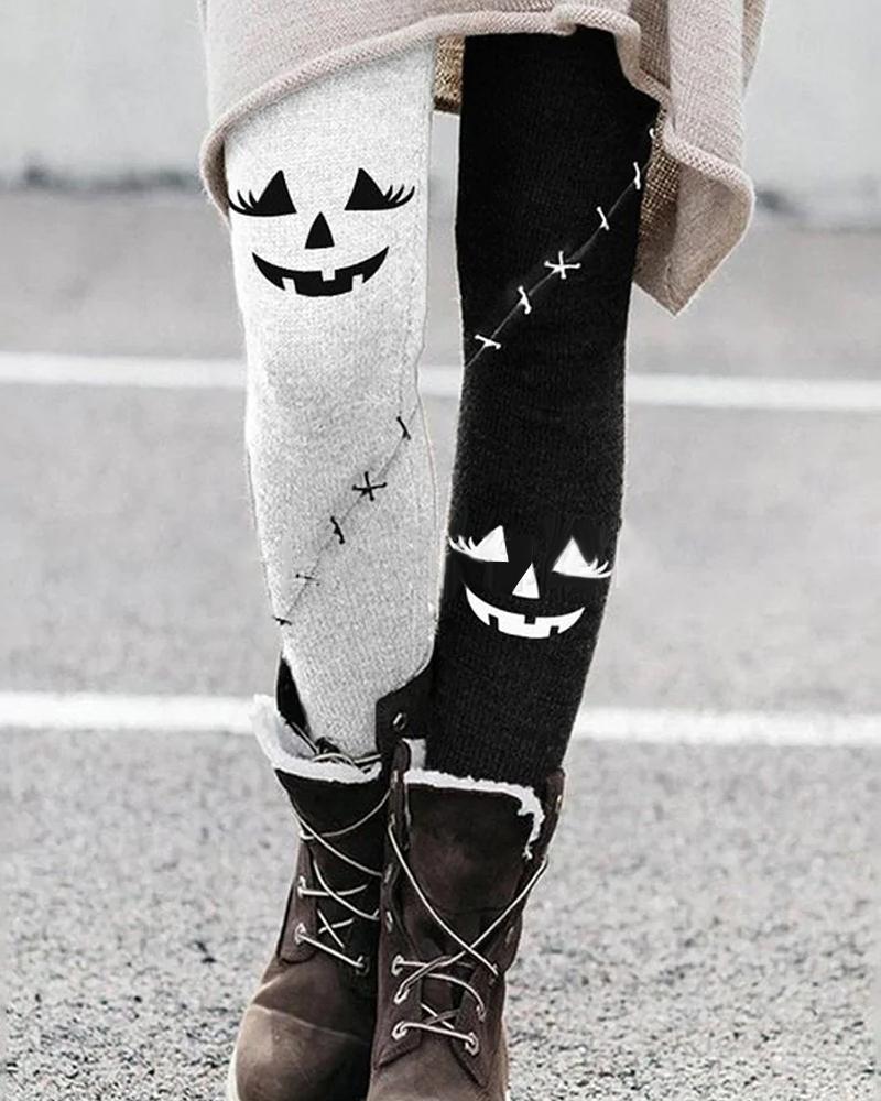 

Halloween Scary Face Print Colorblock Skinny Leggings, Black