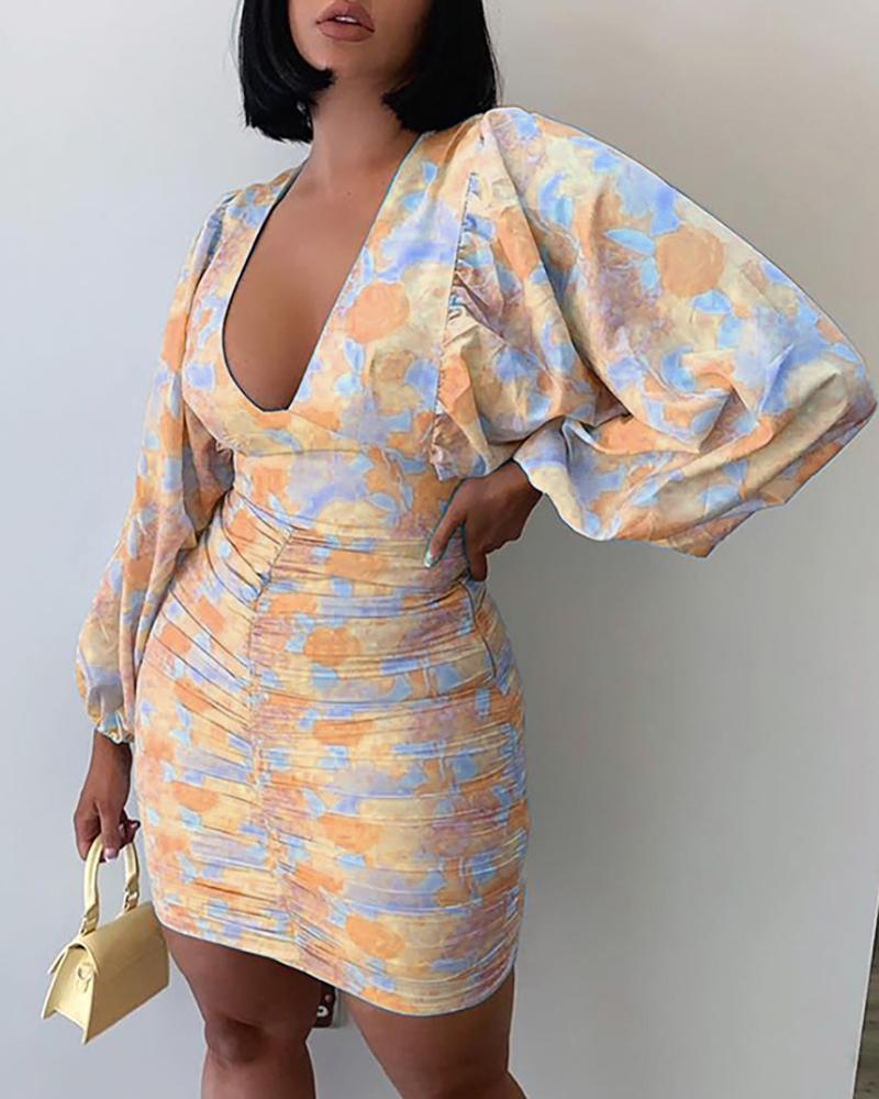 

Floral Pattern Print Lantern Sleeve Ruched Bodycon Dress, Orange
