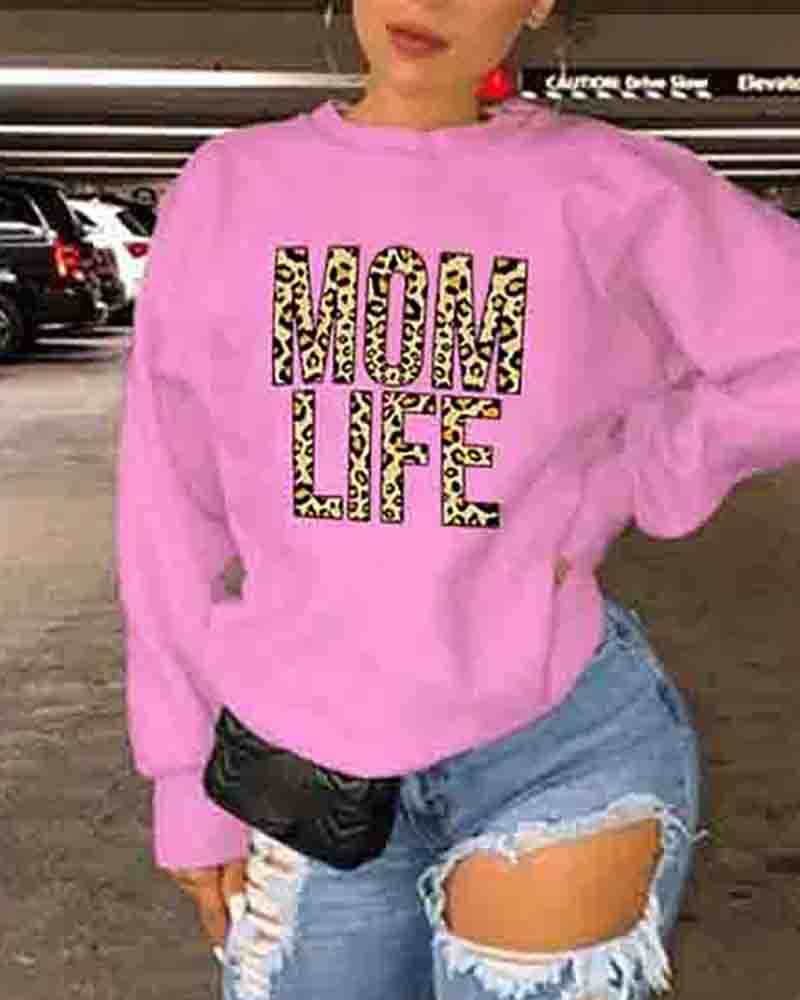 

Mother's Day Leopard Letter Print Lined Sweatshirt, Pink