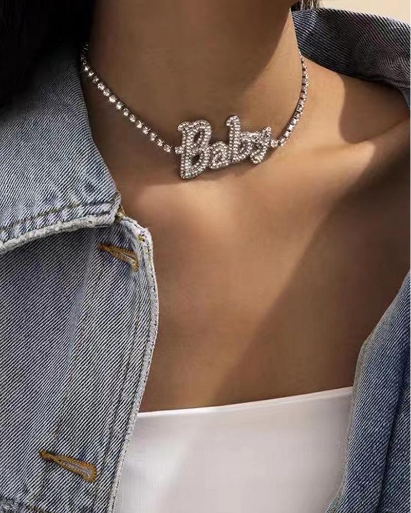 

1PCS Allover Rhinestone Letter Pattern Choker Necklace, Silver