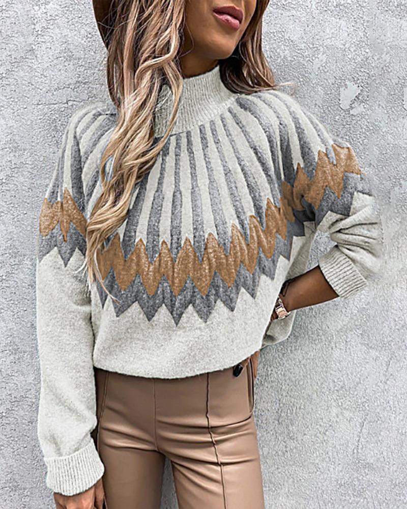 

Long Sleeve High Neck Geometric Pattern Knit Sweater, White
