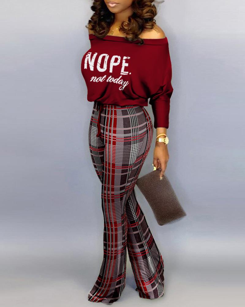 

Letter Print Off Shoulder Top & Plaid Pants Set, Red