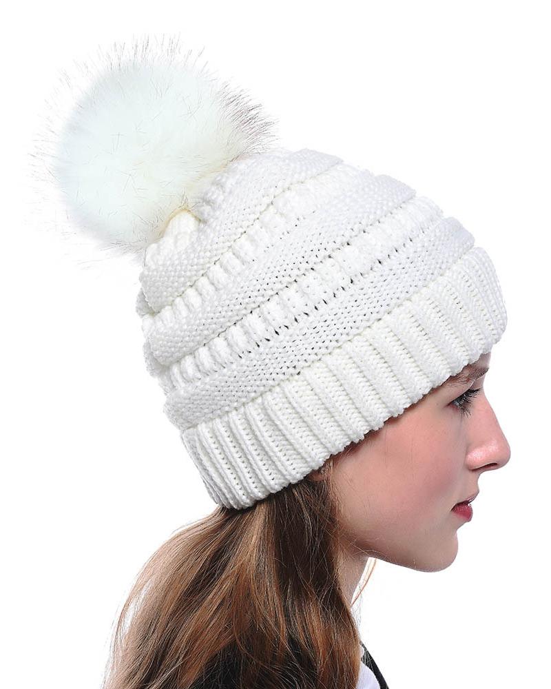 

Winter Thermal Knit Bennie Hat With Pom Pom, White
