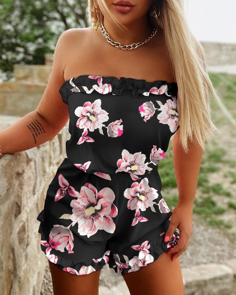 

Floral Print Frill Hem Bandeau Romper, Black