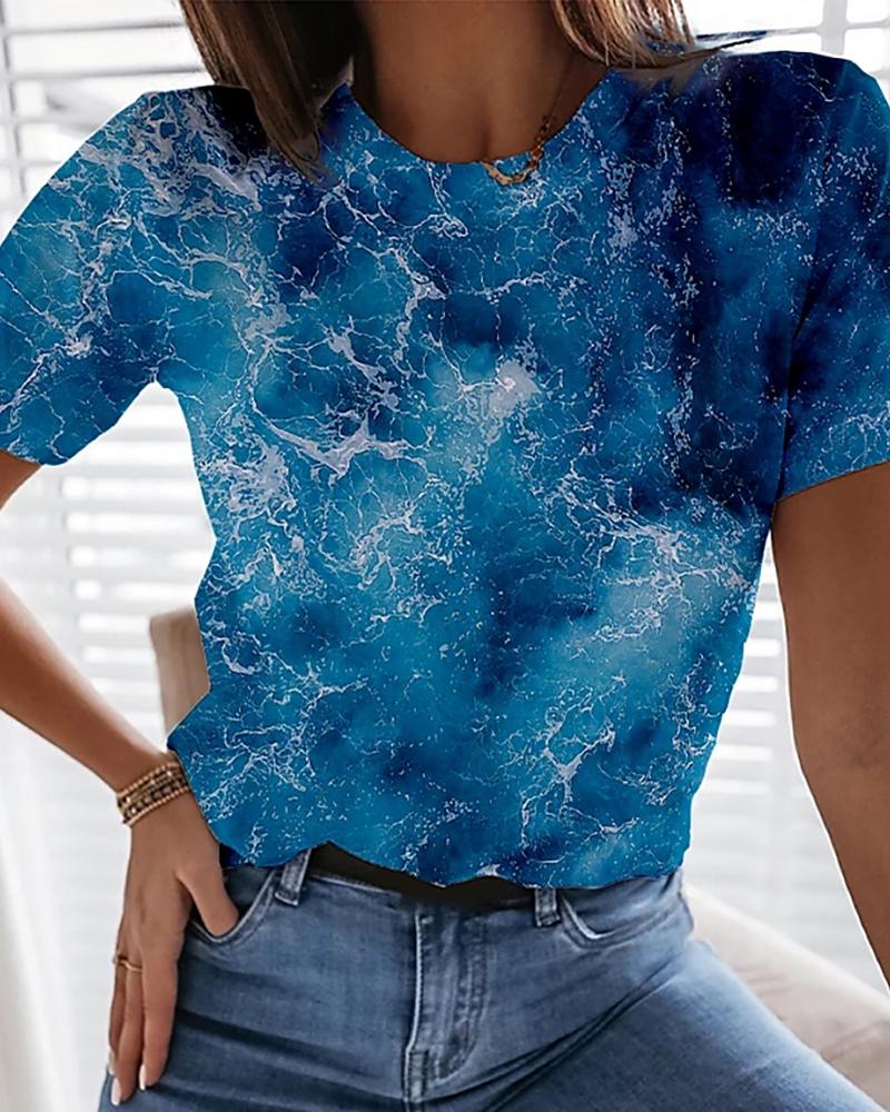 

Graphic Scenery Print Round Neck Tops Basic T-shirt, Blue