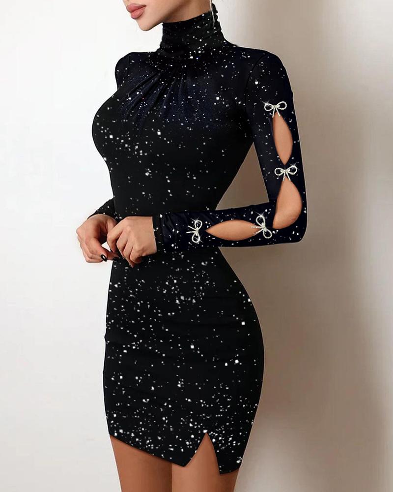 

Bowknot Decor Cutout Long Sleeve Glitter Bodycon Dress, Black