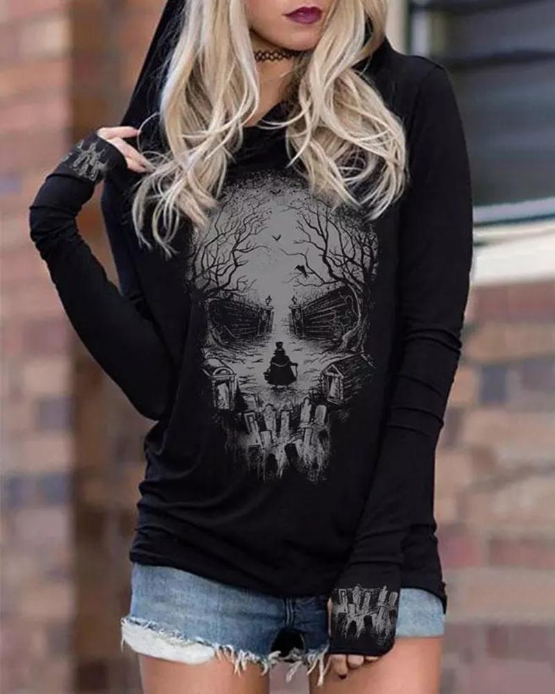 

Halloween Skull Print Long Sleeve Sweatshirt, Black