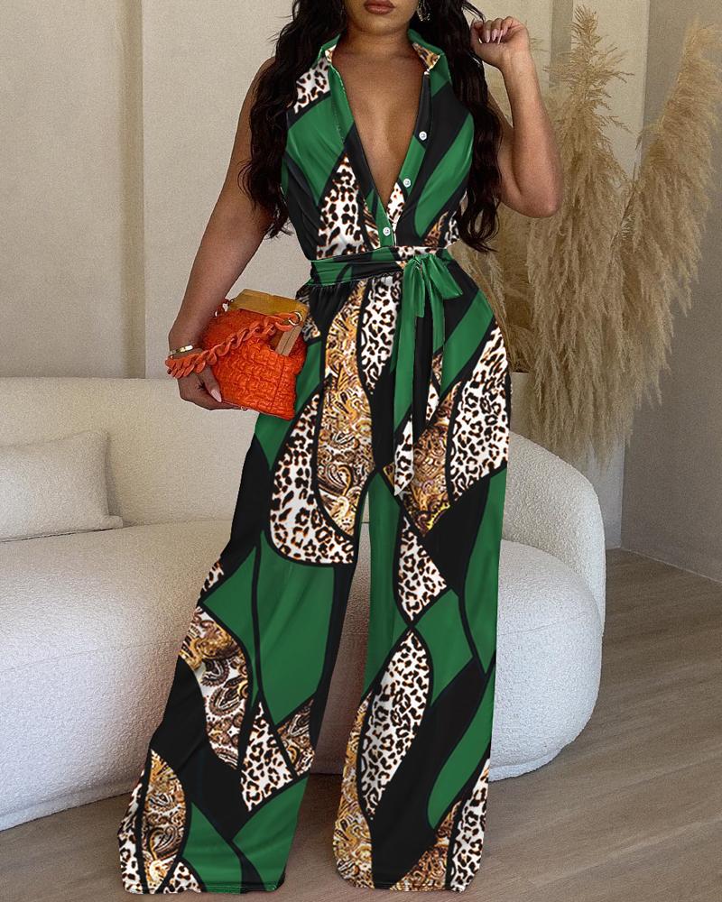 

Baroque Leopard Print Wide Leg Jumpsuit, Green
