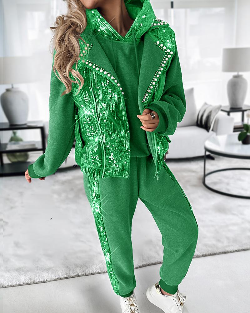 

Contrast Sequin Hoodie & Cuffed Pants Set With Beaded Puffer Vest Coat, Green