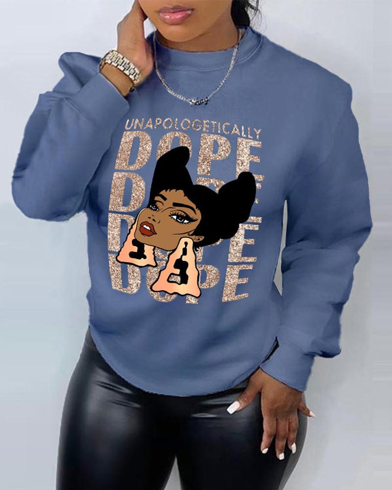 

Plus Size Figure Letter Print Long Sleeve Sweatshirt, Blue