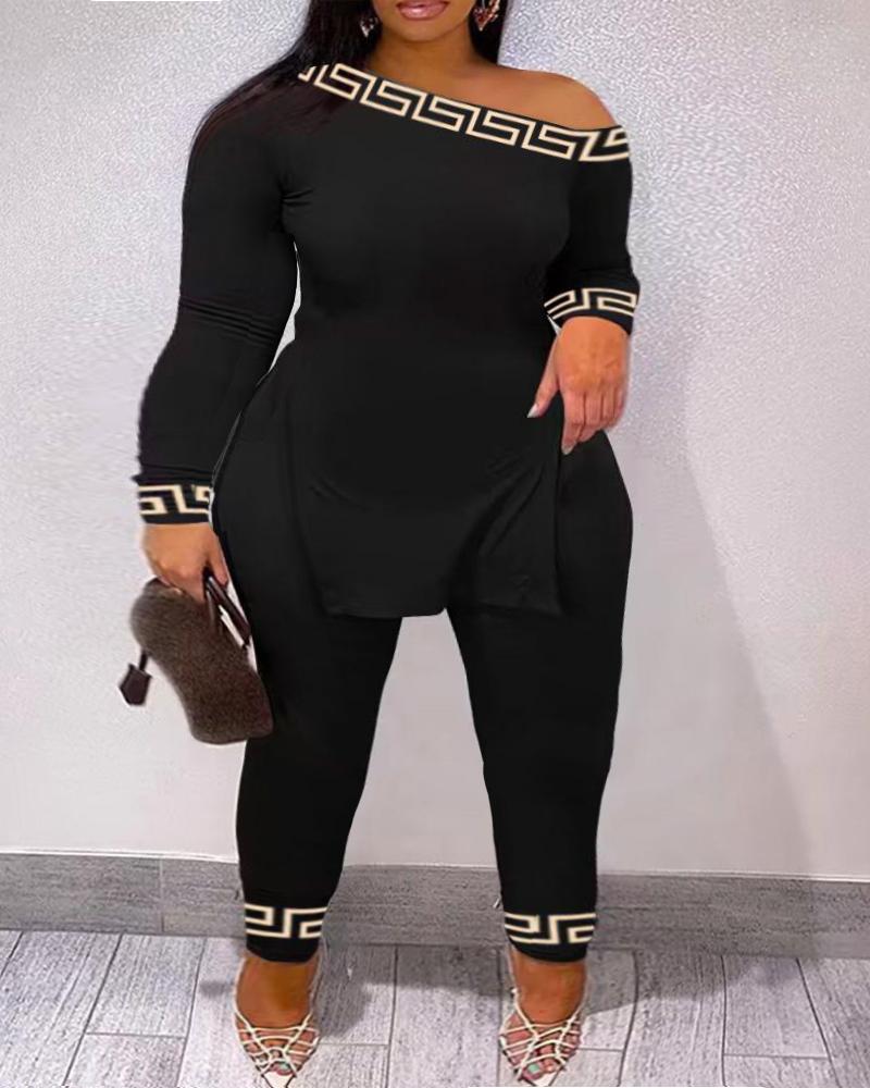

Plus Size Geometric Print Skew Neck Top & Pants Set, Black