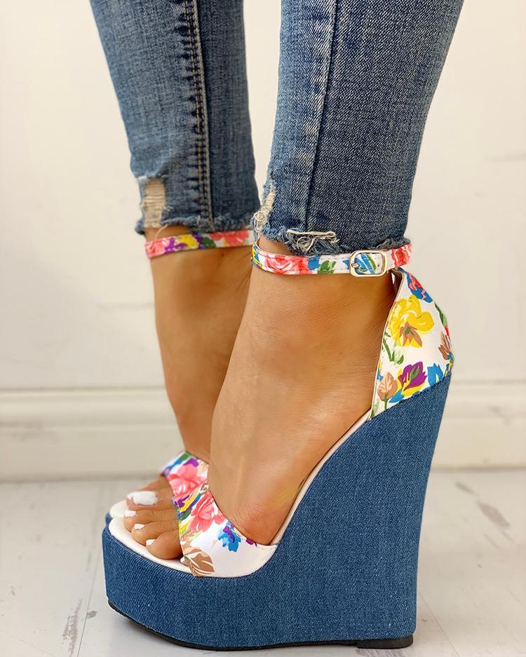 

Floral Peep-toe Platform Wedge Sandals, Blue