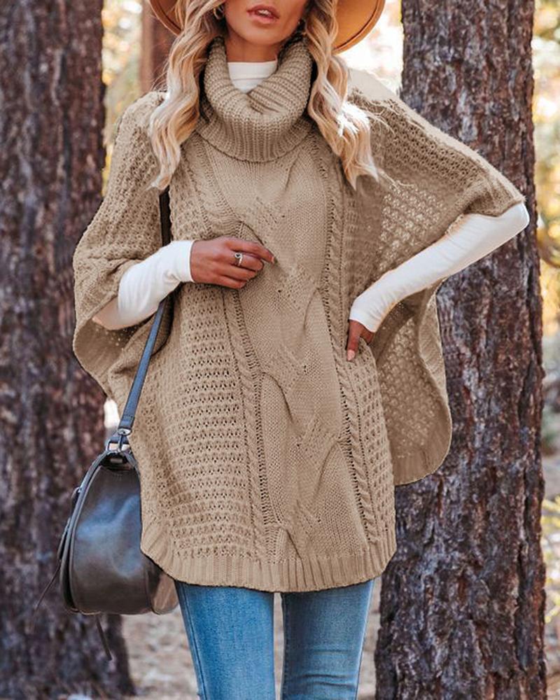 

Cable Knit Slit High Neck Cape Sweater, Khaki