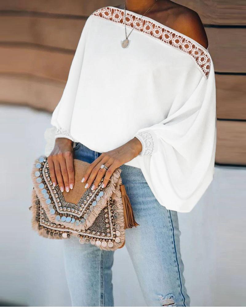 

Contrast Lace Lantern Sleeve Top, White
