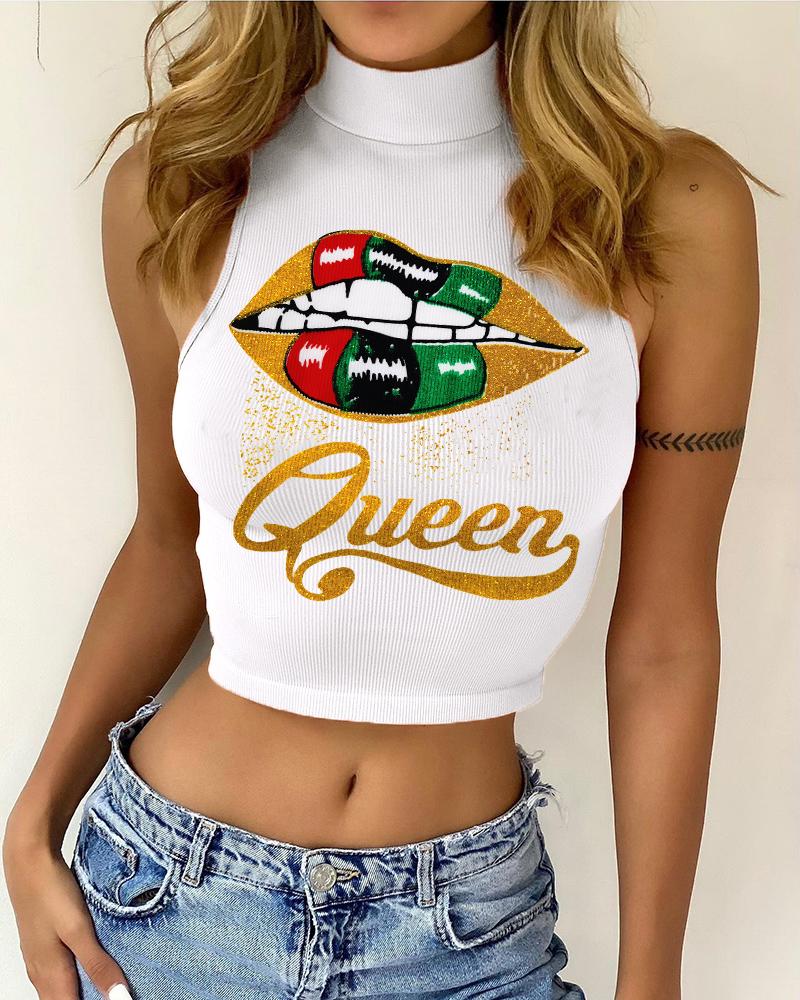 

Lip Letter Print High Neck Ribbed Crop Tank Top, White