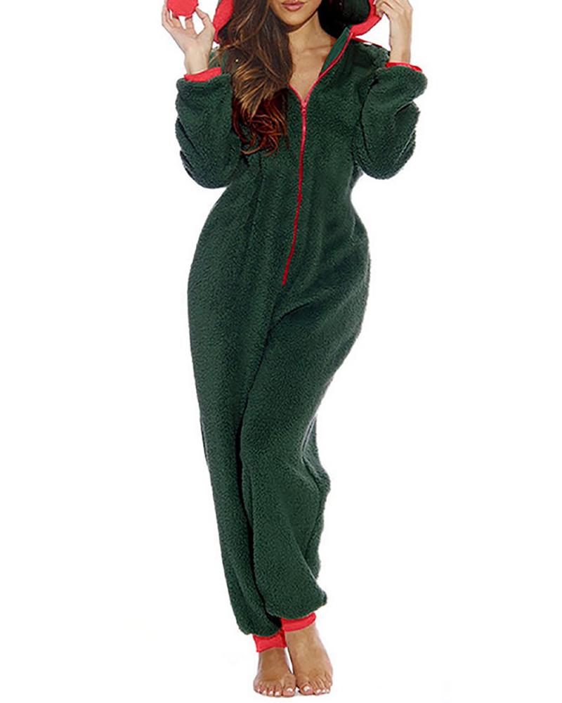 

Christmas Zip Front Pom Pom Fluffy Lounge Jumpsuit, Green