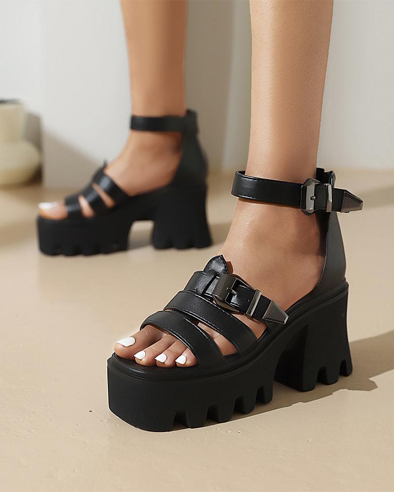 

Round-toe Solid Color Straps Platform Sandals, Black