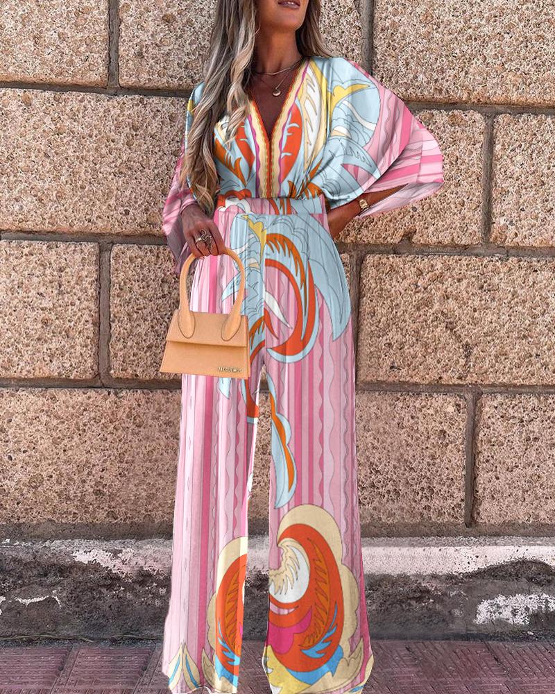 

Graphic Print Batwing Sleeve Top & Wide Leg Pants Set, Pink