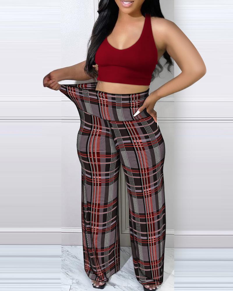 

Plus Size Plaid Print High Waist Pants, Red