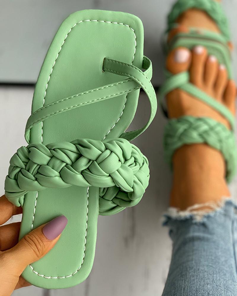 

Braided Square Toe Ring Flat Sandals, Green