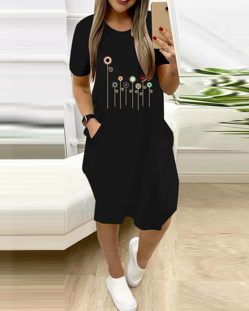 

Cartoon Flower Print Short Sleeve Midi Dress With Pockets, Black