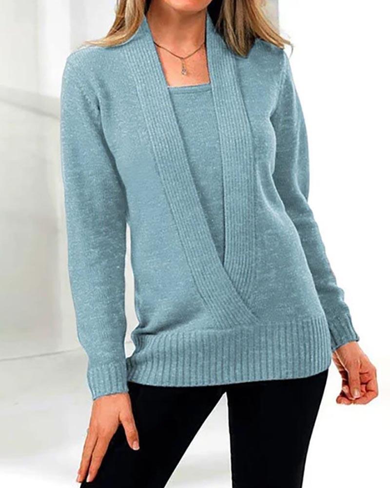 

Fake Two-Piece Long Sleeve Sweater, Blue