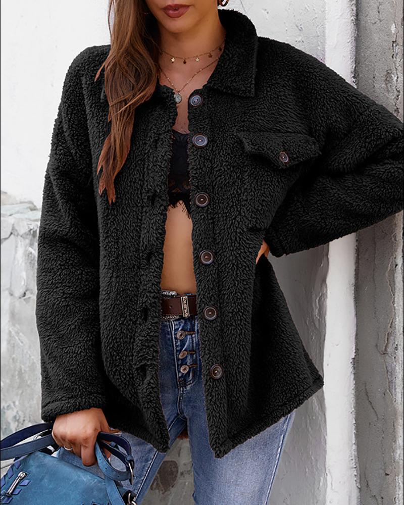 

Button Pocket Design Fluffy Teddy Coat, Black