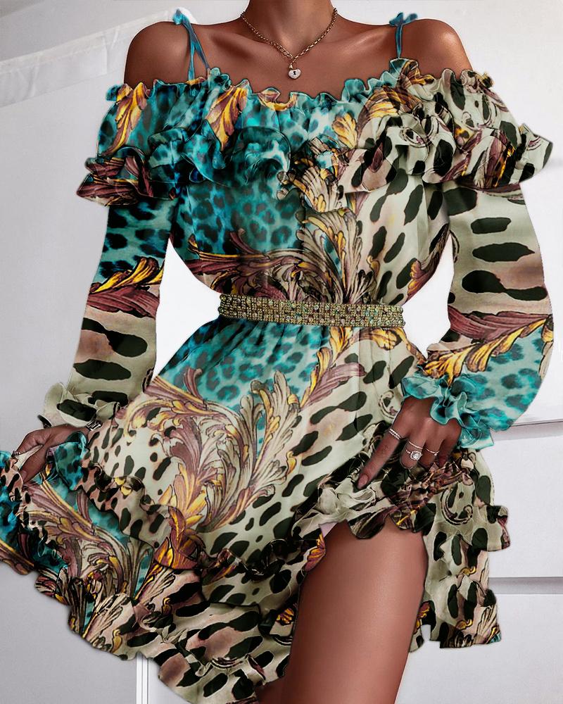 

Leopard Print Cold Shoulder Ruffles Dress, Multicolor