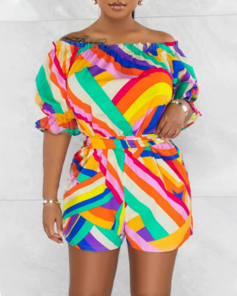 

Geometric Print Ruched Frill Hem Romper, Multicolor