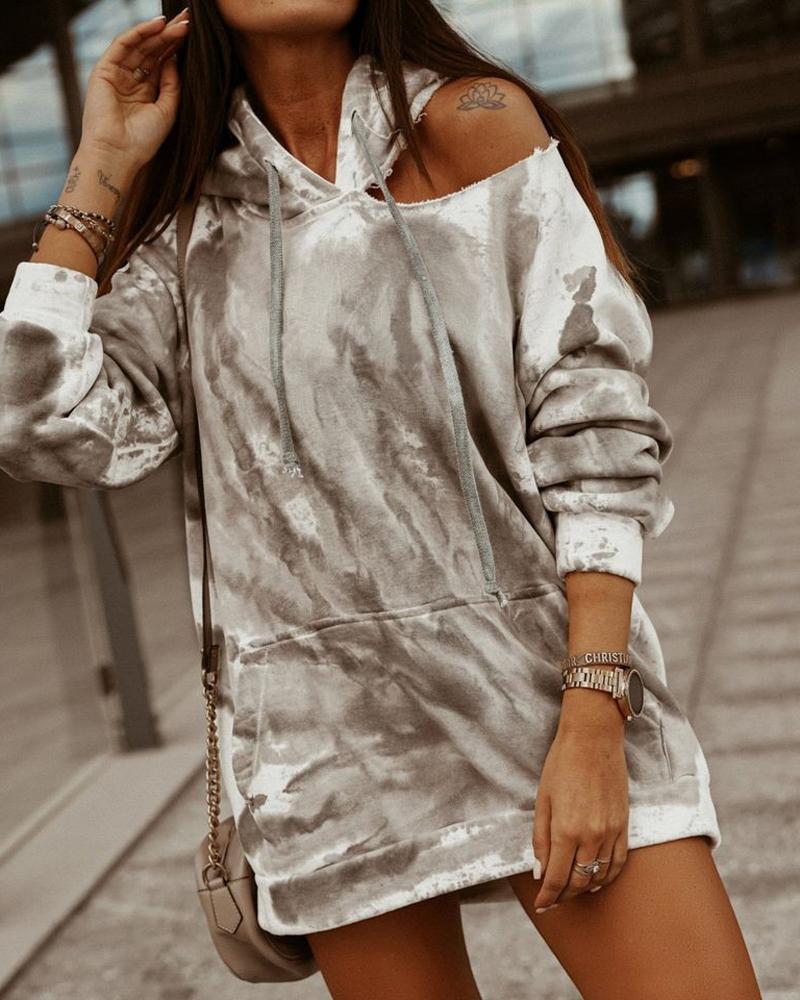 

Tie Dye Cold Shoulder Drawstring Hooded Sweatshirt, Gray