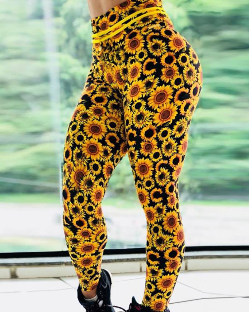 

High Waist Tummy Control Sunflower Print Leggings, Style1
