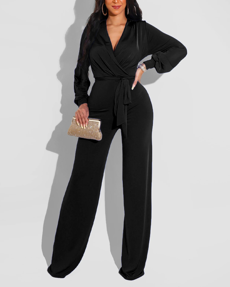 

Long Sleeve Wrap Tie Front Jumpsuit, Black