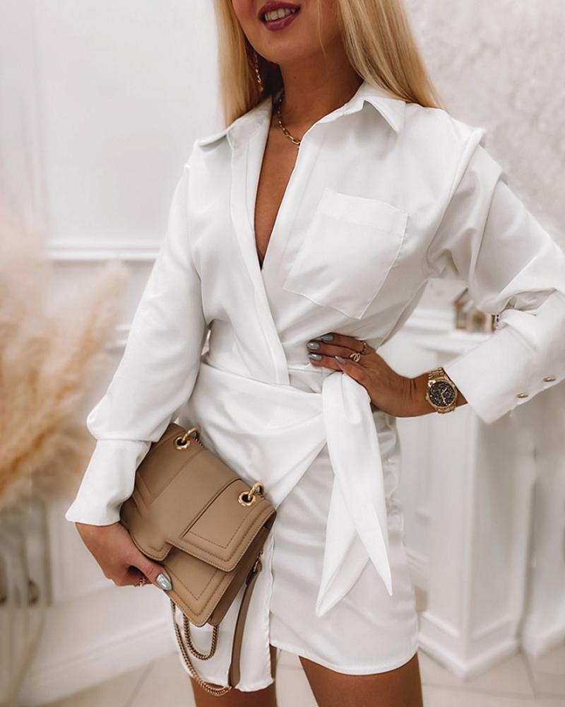 

Pocket Design Tied Detail Long Sleeve Shirt Dress, White