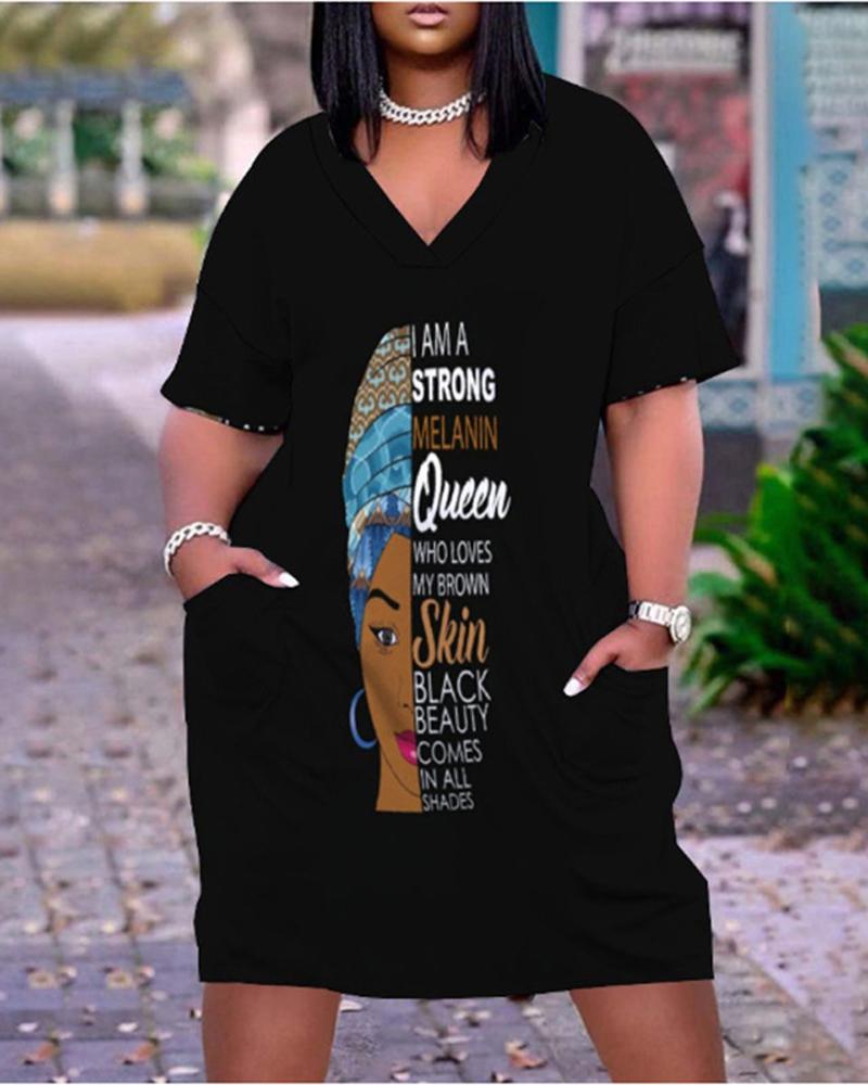 

Plus Size Figure Letter Print Pocket Detail Casual Dress, Black