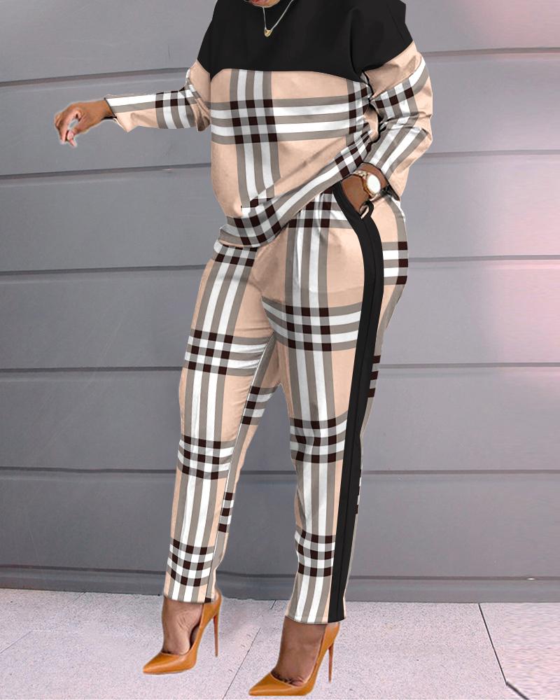 

Plaid Print Long Sleeve Top & Pants Set, Brown