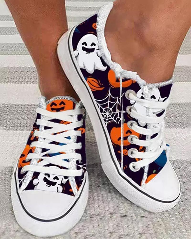 

Halloween Ghost Pumpkin Print Canvas Sneakers, Black