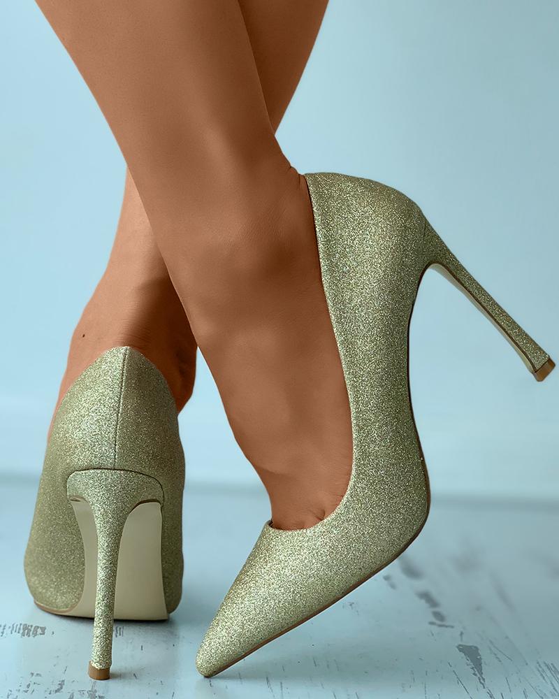 

Pointed Toe Allover Glitter Stiletto Heels, Gold