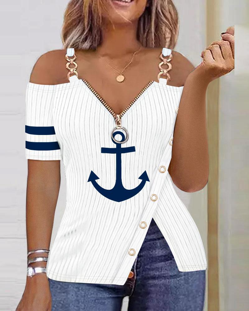 Anchor Print Zip Detail Split Hem Cold Shoulder Top