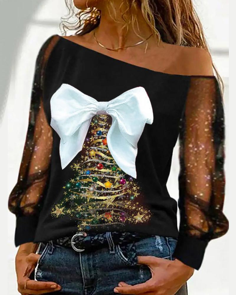 

Christmas Tree Print Bowknot Design Mesh Patch Top, Black