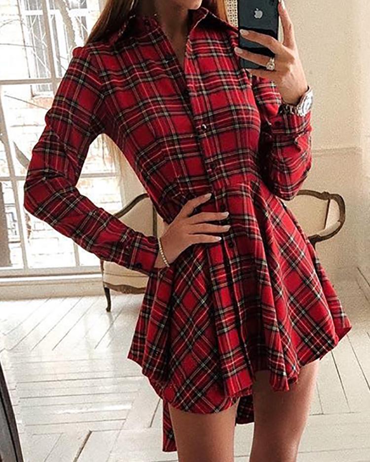 

Plaid Print Button Up Irregular Shirt Dress, Red