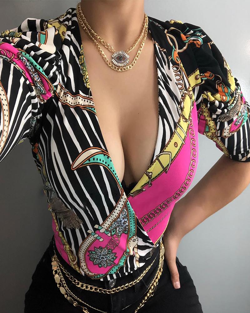 

Striped Scarf Print Half Sleeve Plunge Bodysuit, Multicolor