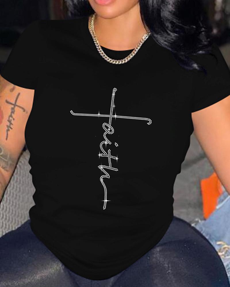 

Rhinestone Letter Pattern Short Sleeve T-shirt, Black