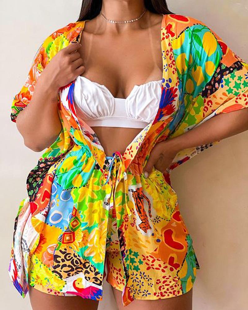 

Allover Print Open Front Top & Shorts Set, Multicolor