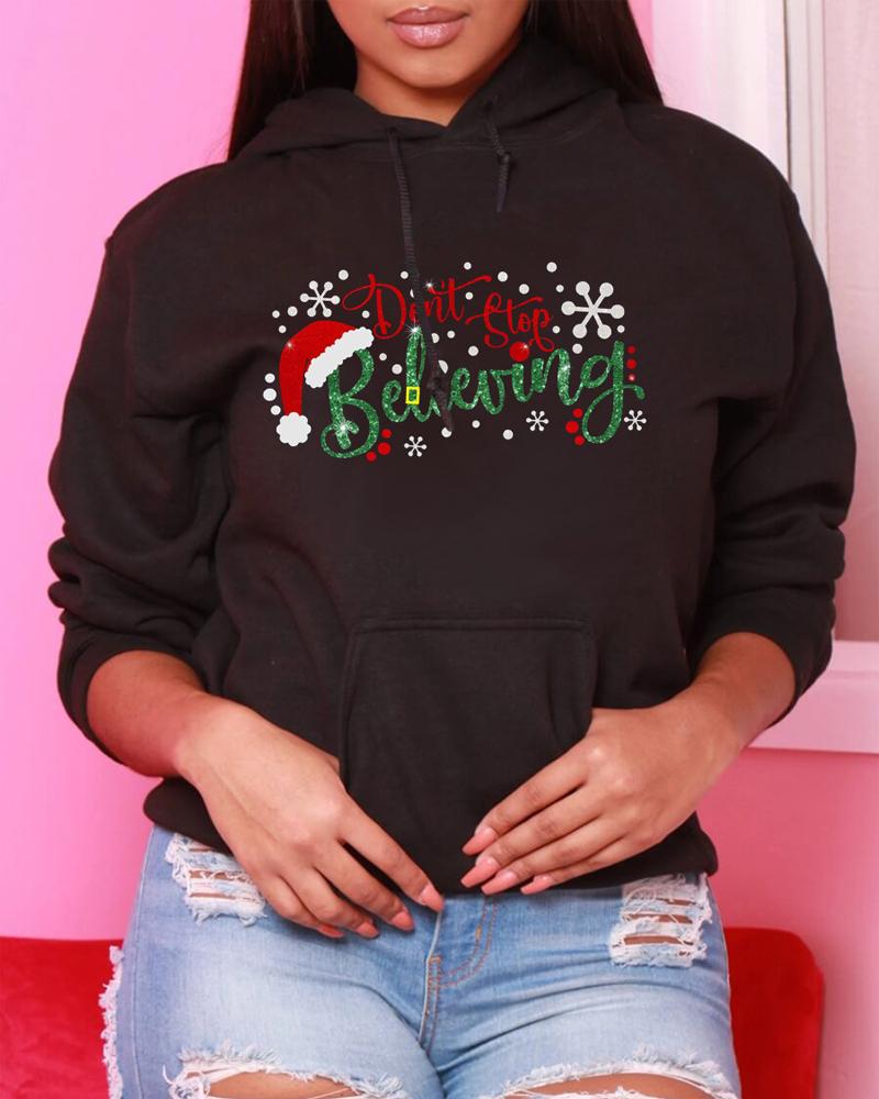 

Plus Size Christmas Snowflake Letter Print Casual Hoodie, Black