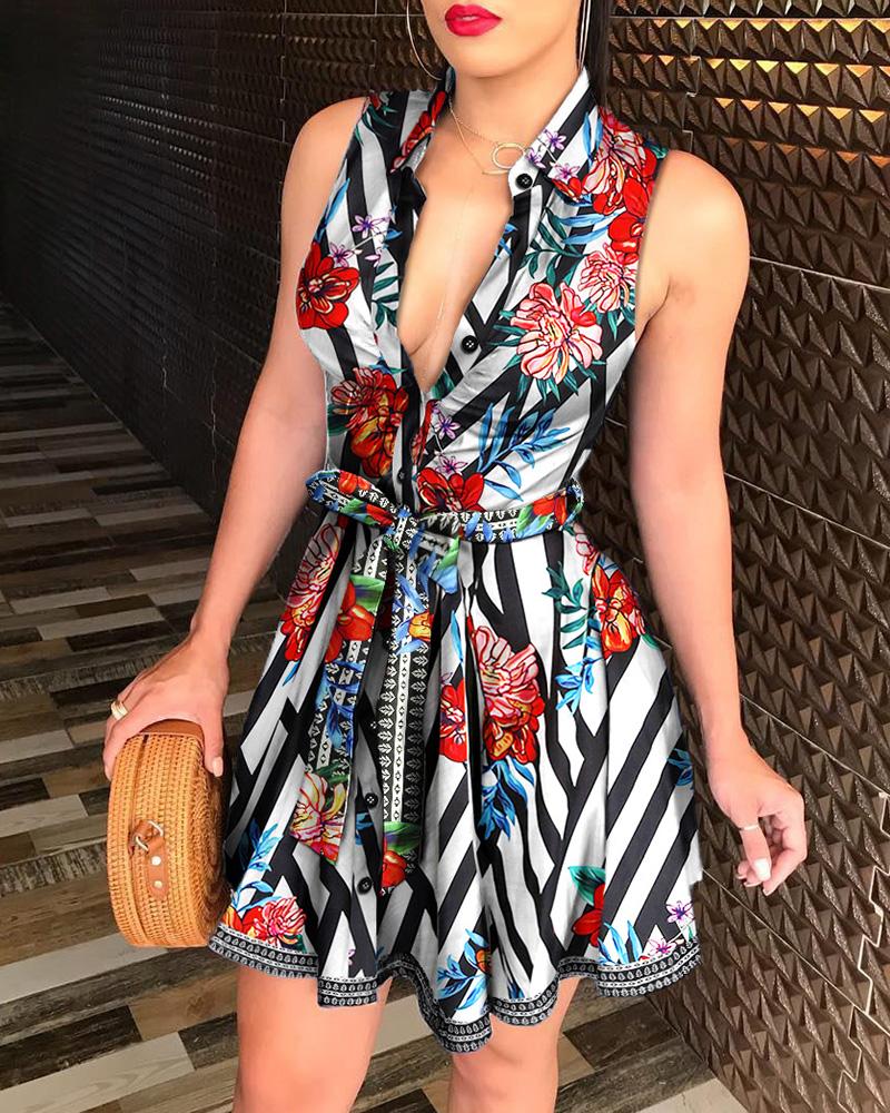 

Floral Print Tie Waist Sleeveless Shirt Dress, Multicolor