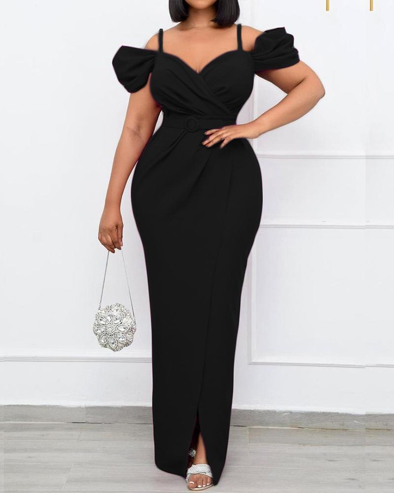

Puff Sleeve High Slit Ruched Evening Dress, Black