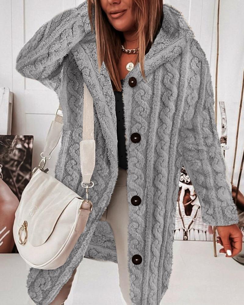 

Fuzzy Textured Buttoned Hooded Coat, Gray