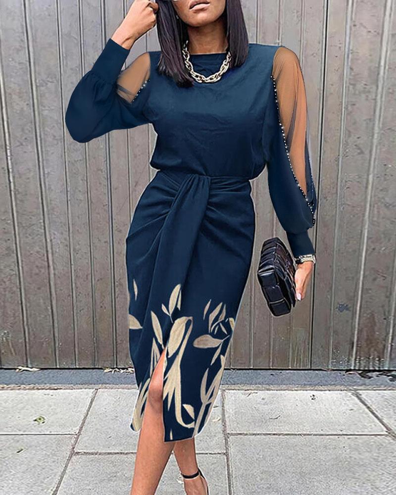 

Leaf Print Pearls Decor Sheer Mesh Knotted Work Dress Long Sleeve O Neck Elegant Work Midi Dres, Blue